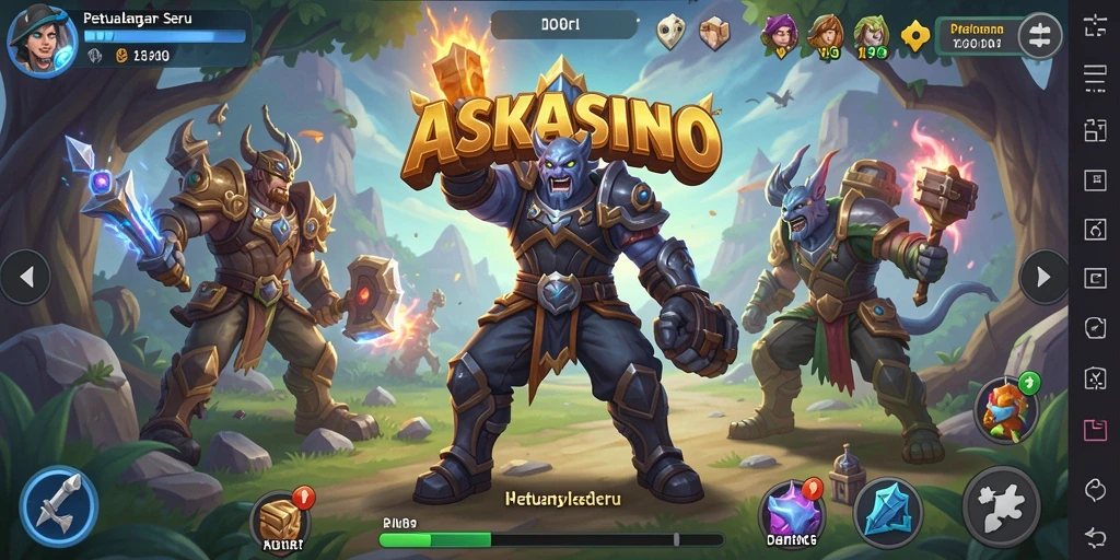 Tangkapan layar utama ASKASINO menunjukkan aksi seru dalam pertarungan RPG.