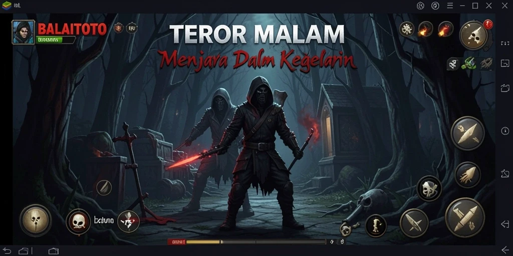 Screenshot gameplay BALAITOTO menampilkan suasana menyeramkan di kegelapan.