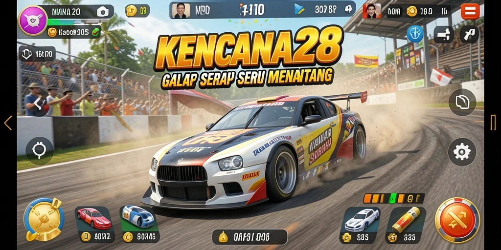 Screenshot gameplay KENCANA28 dengan mobil melaju kencang di lintasan balap.