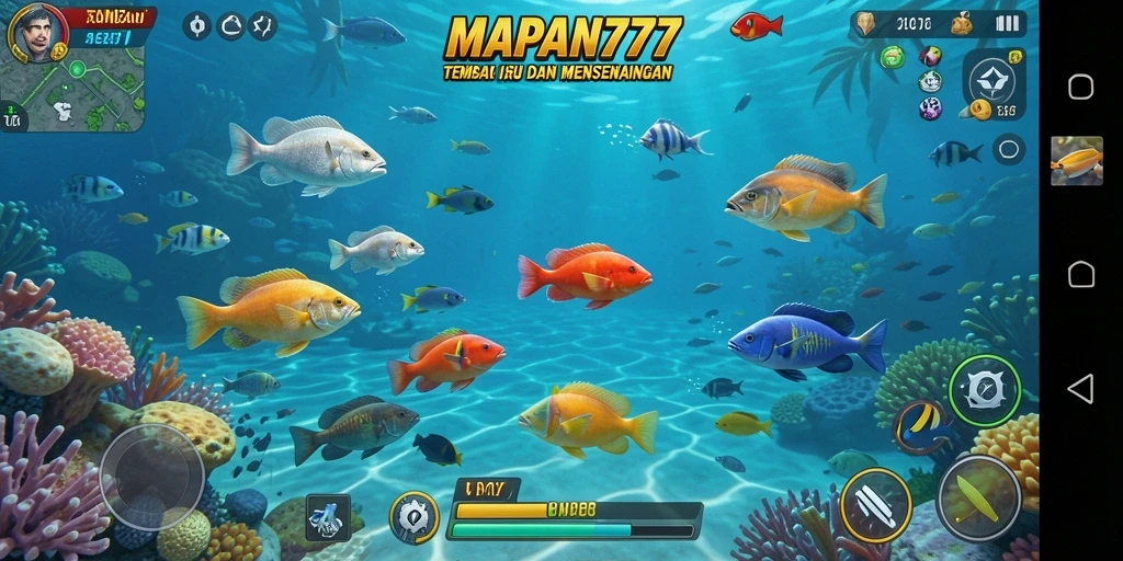 Screenshot gameplay MAPAN777 menampilkan aksi menembak ikan yang seru dan penuh warna.