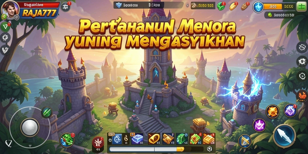 Screenshot gameplay RAJA777 yang menunjukkan menara dan musuh yang beragam.