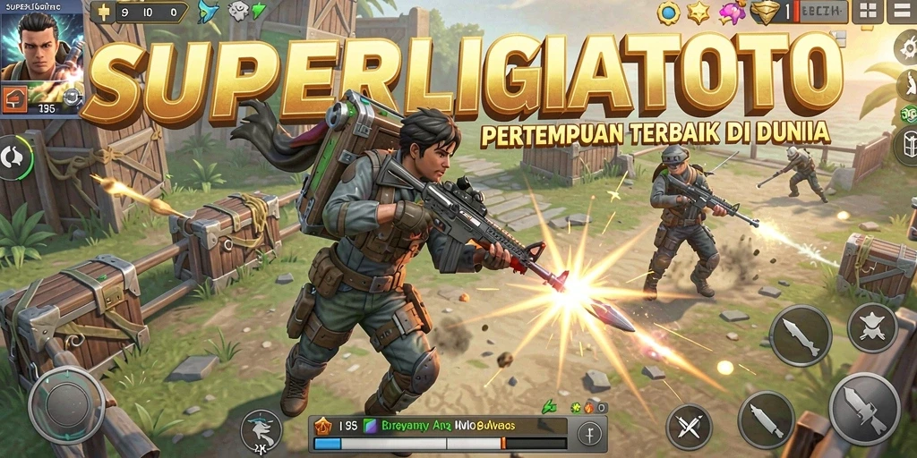 Screenshot utama SUPERLIGATOTO menampilkan aksi pertempuran intens di arena Battle Royale.